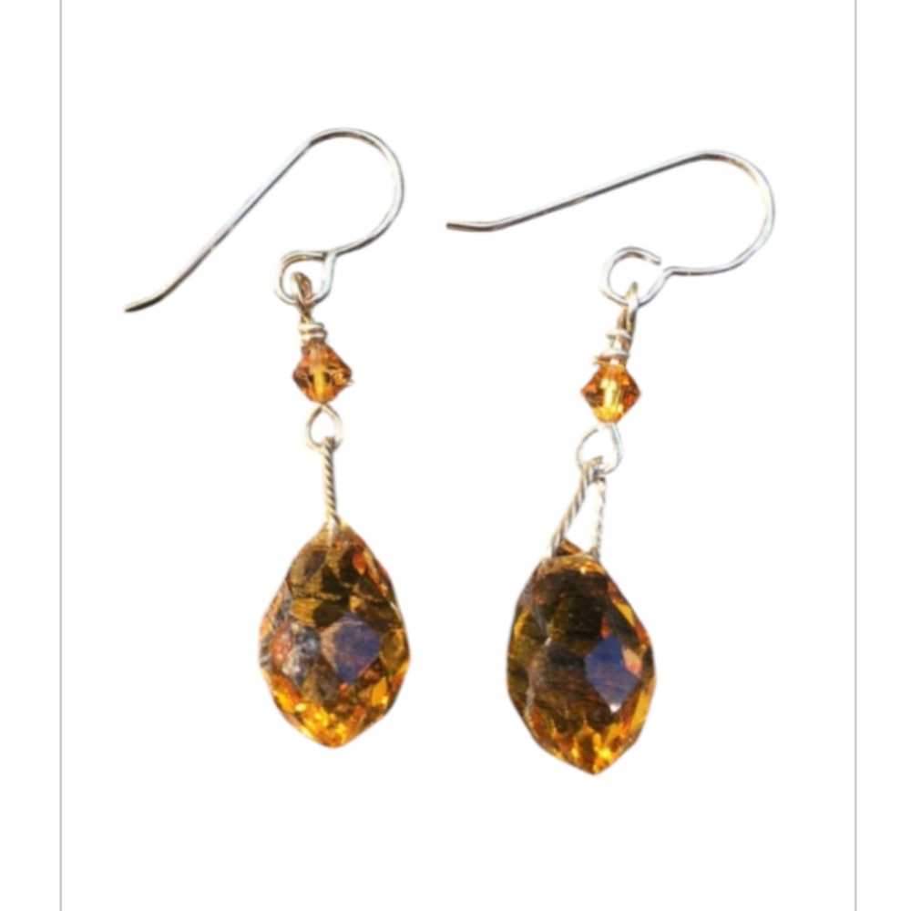 Handcrafted Vintage Amber Color Crystal Teardrop Earrings